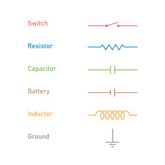 Electric Circuit Symbols. Switch, Resistor, Capacitor, Inductor, Battery and Ground Symbol.