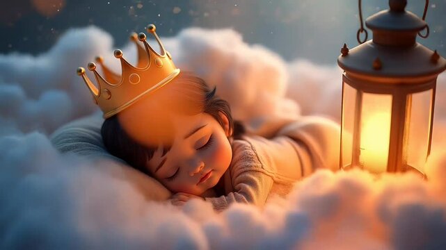 Sleeping child with crown on soft cloud bed  
