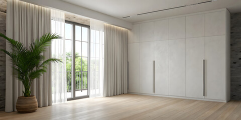 Obraz premium A minimalistic, spacious interior with soft natural light, featuring textured stone and plaster walls, light wooden flooring, and large windows with flowing sheer white curtains. A tall built-in wardr