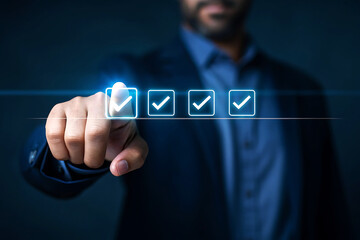 Businessman hand selecting digital checkboxes on touchscreen interface