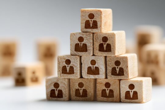 Wooden blocks with human icons arranged in a pyramid, symbolizing organizational hierarchy and teamwork structure.