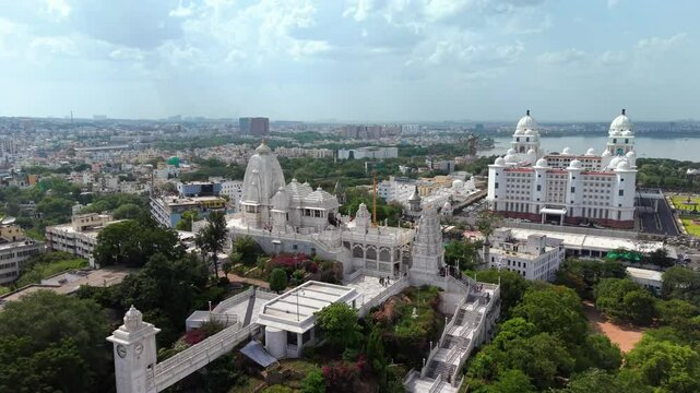 Hyderabad, India: Aerial view of Birla Mandir, iconic Hindu temple in capital and largest city of Indian state of Telangana - landscape panorama of South Asia from above
