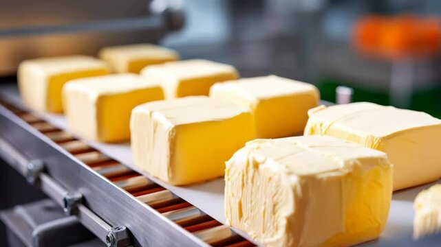 Freshly Cut Yellow Butter Blocks on Conveyor Belt in Food Production Facility