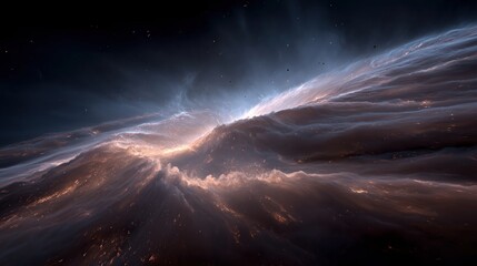 A surreal cosmic illustration of massive star-forming clouds swirling like tidal waves in deep space. Glowing filaments of interstellar gas create dynamic, sculpted peaks