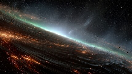 A surreal cosmic scene featuring a tilted horizon of a dying star system, with glowing lava-like currents flowing across a dark planetary surface. 