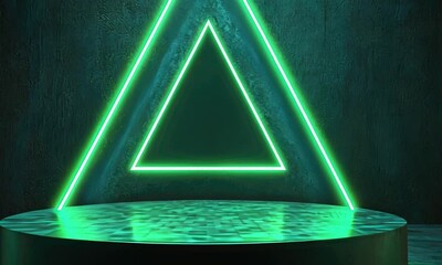 Glowing neon green triangle on black background over circular platform, symbolizing modern tech, digital art, and minimalism concept - Powered by Adobe