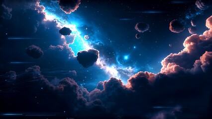 A cosmic scene featuring a glowing blue nebula, scattered asteroids, and dark clouds in deep space with stars twinkling in the background.