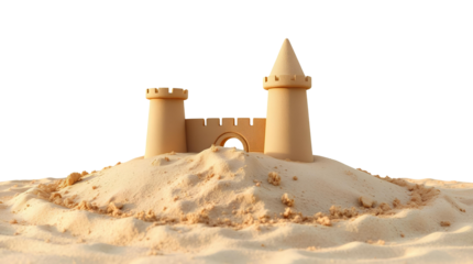 Photo of sandcastle with two towers isolated on transparent background