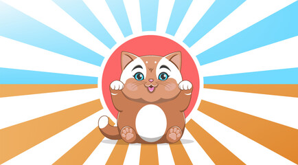 Vector cute cartoon plump light brown funny sitting cat with raised front paws in rays. Chubby toon contented smiling kitten. Cuddly domestic kitty. Whiskers puss