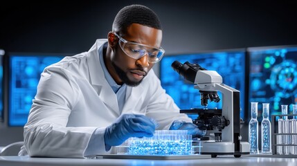 African American male scientist in laboratory coat examines samples under microscope, surrounded by advanced technology and glassware, showcasing vaccine research and development process