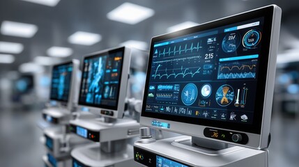 Medical monitoring equipment displaying vital signs and health metrics in a modern healthcare facility, showcasing advanced technology and patient care solutions
