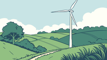 Wind Turbine on Rolling Green Hills Landscape.