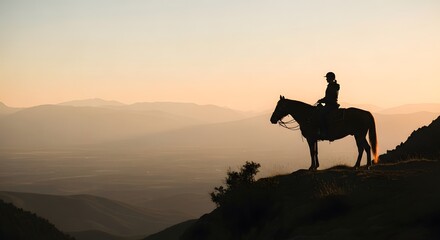 A lone rider on horseback on a misty mountain, looking out at the view