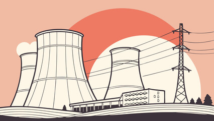 Power Plant with Cooling Towers and Transmission Lines.