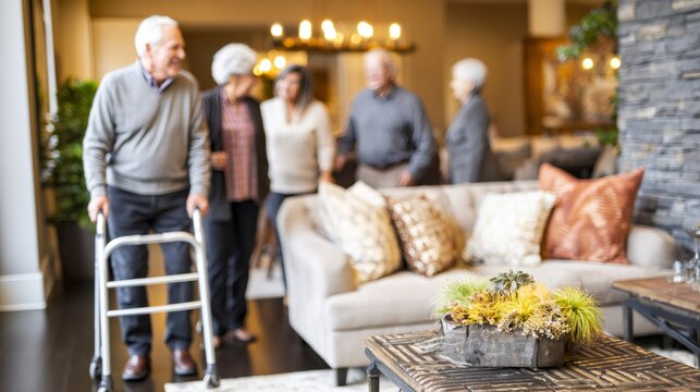 Elderly male carefully walking with mobility aid through retirement home common room, connecting with fellow residents during relaxed social gathering - Powered by Adobe