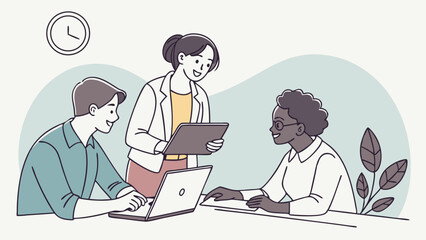 Diverse Team Collaborating on Project Using Laptop and Tablet.