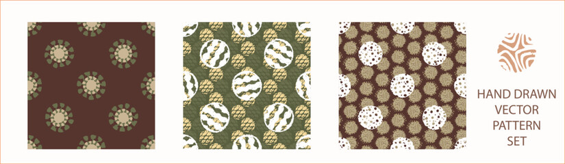 Polka dot blockprint seamless vector pattern set. Collection of neutral unisex whimsical style for wallpaper, backdrops and handmade print texture. All over vintage background. 