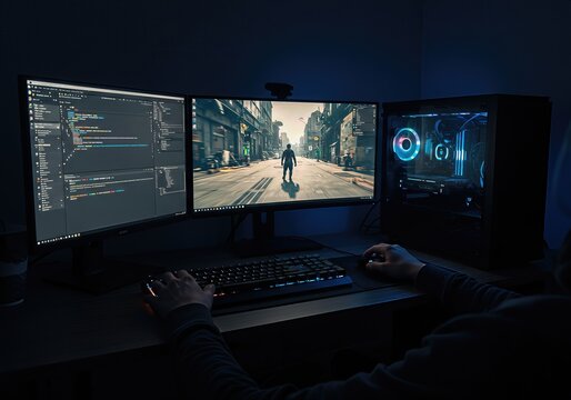 Game developer or programmer working and gaming on a powerful multi-monitor PC setup in a dark room. Concept of coding, game development, and esports.
