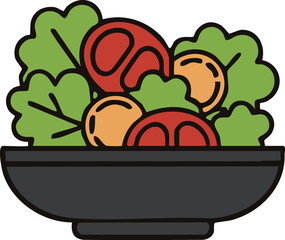Flat outline icon of a fresh garden salad in a bowl, a vector symbol for healthy eating, vegetarian food, diets, and restaurant menus.