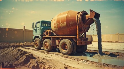Concrete truck pouring mixture at construction site under clear blue sky near suburban area in afternoon