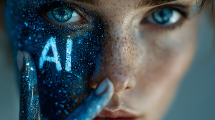 A human face with AI text on a blue background made from a digital circuit for a web banner.