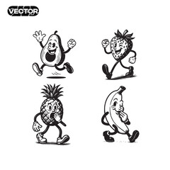 Fototapeta premium Collection of retro cartoon fruit characters, vector illustration. happy avocado, joyful strawberry, surprised pineapple, flirty banana,