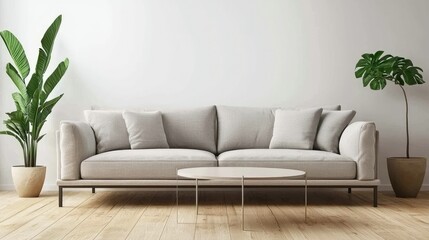 Light-colored sofa and coffee table in a modern living room.
