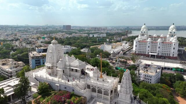 Hyderabad, India: Aerial view of Birla Mandir, iconic Hindu temple in capital and largest city of Indian state of Telangana - landscape panorama of South Asia from above
