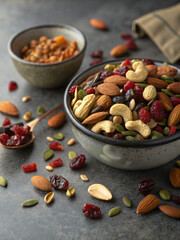 Bowl of assorted trail mix with nuts, seeds, and dried fruits on dark stone background