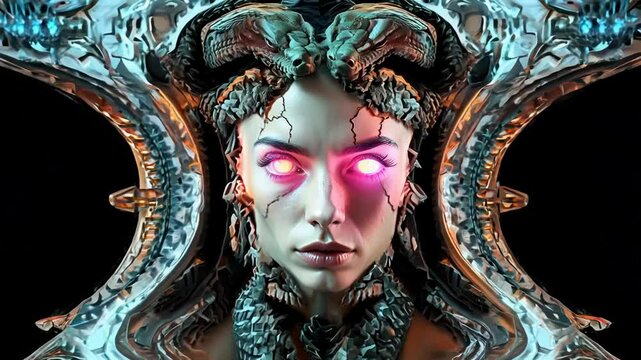 Horrifying transformations showcasing the face of the evil gorgon Medusa with serpents and glowing eyes