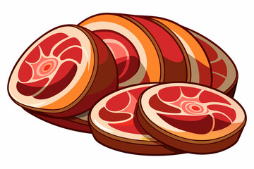 Colorful vector illustration of a raw steak featuring marbled red meat and white fat details in a cartoon style.