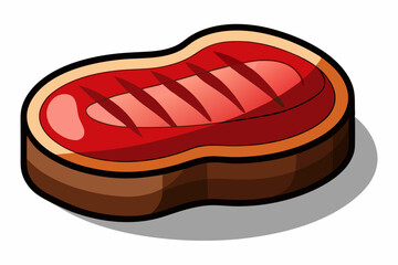 Colorful vector illustration of a raw steak featuring marbled red meat and white fat details in a cartoon style.