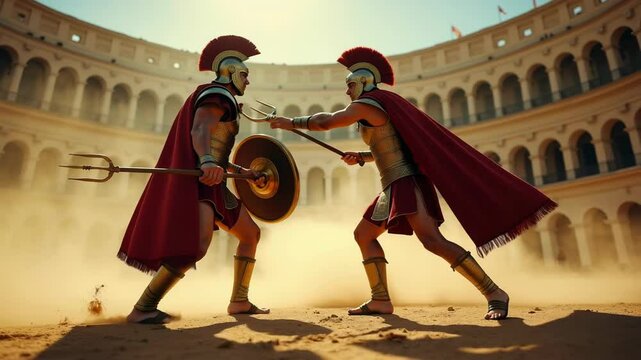 Roman gladiators clash in a sunlit coliseum with stunning armor and powerful weapons during an epic battle