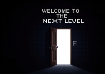 Motivational 'Welcome to the Next Level' Wallpaper. An Open Door in a Dark Room Symbolizing a New Beginning and Progress.
