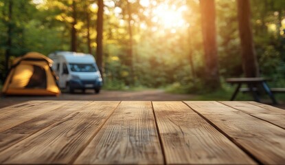Rustic wooden table outdoors, campsite background