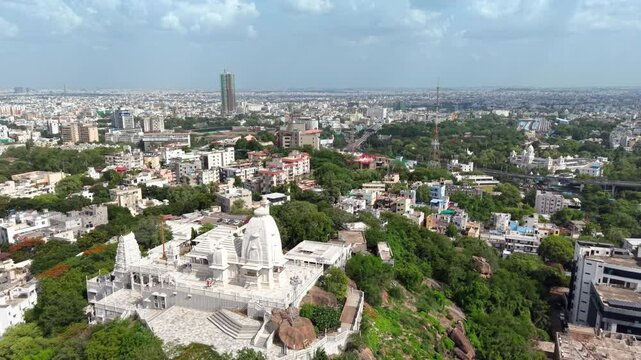 Hyderabad, India: Aerial view of Birla Mandir, iconic Hindu temple in capital and largest city of Indian state of Telangana - landscape panorama of South Asia from above
