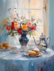 A beautiful oil painting depicts a tea setting with flowers and pastries, creating a cozy ambiance.