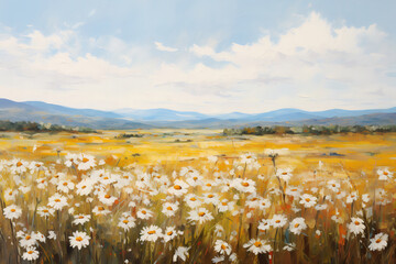 This colorful painting depicts a sunny meadow filled with beautiful white daisies and a bright sky.
