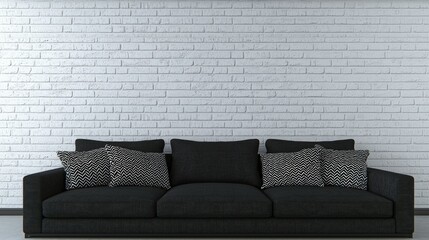 Contemporary living room with a black sofa and white brick wall.