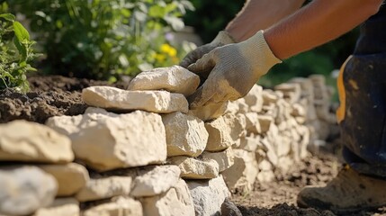 Fototapeta premium A person wearing gloves builds a stone wall outdoors, carefully placing flat stones to create a sturdy barrier in a garden setting.