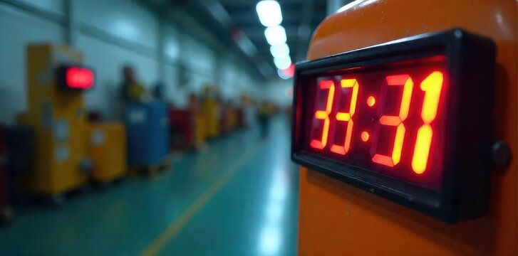 A digital clock displaying a countdown timer against a blurred background of safety equipment, emphasizing the urgency and importance of timely safety procedures , procedure, control, hazard
