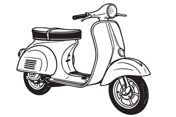 Minimalist vector artwork of a classic vintage scooter, drawn in black and white with solid black outlines, ideal for nostalgic themed graphic projects.