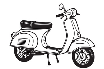 A stylish black and white vector featuring a vintage scooter with sharp black outlines, designed for classic, timeless, and monochromatic illustrations. © primus