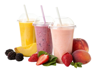 Three colorful fruit smoothies in plastic cups with dome lids and straws isolated on transparent background