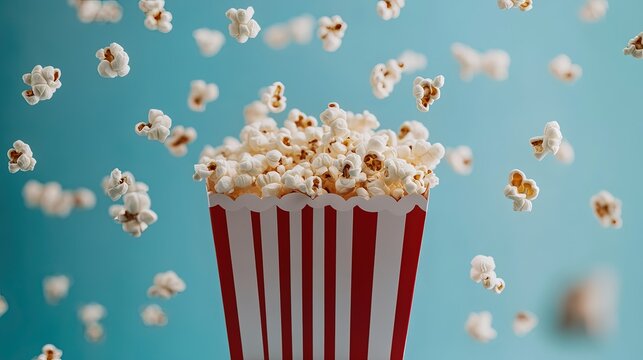 A retro popcorn box with oversized kernels flying out
