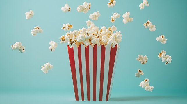 A retro popcorn box with oversized kernels flying out - Powered by Adobe