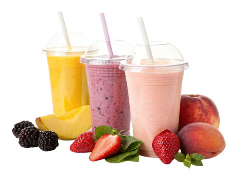 Three colorful fruit smoothies in plastic cups with dome lids and straws isolated on transparent background