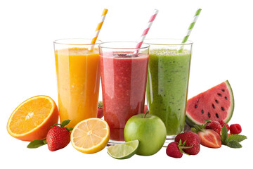 Three colorful fruit smoothies in plastic cups with dome lids and straws isolated on transparent background