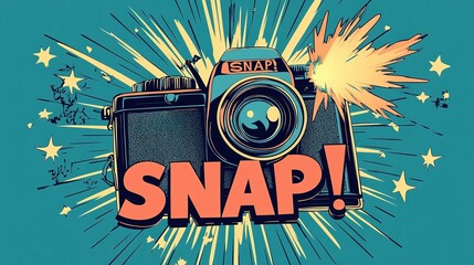 Fototapeta premium A retro camera shooting out a flash, with bright rays and stars around the lens, and a 