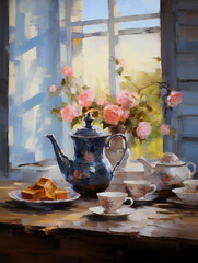 A vintage tea set with roses and pastries, creating a timeless scene.